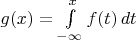 $g(x)=\int\limits_{-\infty}^x f(t)\,dt$