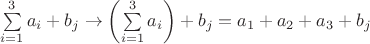 $\sum\limits_{i=1}^3a_i+b_j\to\left(\sum\limits_{i=1}^3a_i\right)+b_j=a_1+a_2+a_3+b_j$