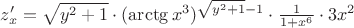 $z'_x=\sqrt{y^2+1}\cdot (\arctg{x^3})^{\sqrt{y^2+1}-1}\cdot \frac{1}{1+x^6}\cdot 3x^2$