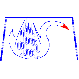 $$
\begin{picture}(300,200)

%============ canvas =============
\multiput(-5,-35)(150,0){2}{
\line(0,1){150}
}
\multiput(-5,-35)(0,150){2}{
\line(1,0){150}
}
%============== picture =============

\textcolor{blue}{
\multiput(-5,0)(0.1,0.8){100}{
\line(1,0){3}
}
\multiput(5,81)(0,0.2){10}{
\line(1,0){128}
}
\multiput(131,81)(0.1,-0.8){100}{
\line(1,0){3}
}
\qbezier(23,60)(20,55)(26,45)
\qbezier(23,60)(6,40)(26,13)
\qbezier(26,13)(33,8)(40,6)
\qbezier(40,6)(66,-2)(83,10)
\qbezier(83,10)(96,23)(90,40)
\qbezier(90,40)(80,56)(93,66)
\qbezier(93,66)(100,70)(110,66)
\qbezier(83,71)(96,80)(120,70)
\qbezier(83,71)(70,63)(76,43)
\qbezier(61,73)(68,50)(76,30)
\qbezier(61,73)(70,50)(76,43)
\qbezier(45,76)(33,56)(26,26)
\multiput(40,23)(6,-1){6}{
\oval(10,21)[bl]
}
\multiput(38,21)(6,-1){6}{
\oval(10,21)[bl]
}
\multiput(35,35)(6,-1){7}{
\oval(10,23)[bl]
}
\multiput(33,33)(6,-1){7}{
\oval(10,23)[bl]
}
\multiput(38,46)(6,-1){6}{
\oval(10,23)[bl]
}
\multiput(36,44)(6,-1){6}{
\oval(10,23)[bl]
}
\multiput(41,58)(6,-2){5}{
\oval(10,23)[bl]
}
\multiput(39,56)(6,-2){5}{
\oval(10,23)[bl]
}
\multiput(46,66)(6,-2){4}{
\oval(10,23)[bl]
}
\multiput(44,64)(6,-2){4}{
\oval(10,23)[bl]
}
\multiput(46,76)(6,-2){2}{
\oval(4,23)[b]
}
\multiput(46,72)(6,-2){2}{
\oval(6,23)[b]
}
\put(48,72){
\oval(4,23)[t]
}
}

\linethickness{2pt}
\textcolor{red}{
\qbezier(113,69)(116,65)(119,63)
\qbezier(112,67)(116,65)(118,63)
\qbezier(108,65)(116,63)(120,61)
\qbezier(108,65)(114,65)(122,59)
} %red


\end{picture}
$$