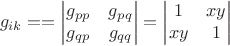 $$ g_{ik} = 
=
\begin{vmatrix}
g_{pp} & g_{pq} \\ 
g_{qp} & g_{qq}
\end{vmatrix}
=
\begin{vmatrix}
1 & xy \\ 
xy & 1
\end{vmatrix}
$$