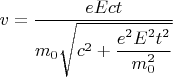 $v=\dfrac{eEct}{m_0\sqrt{c^2+\dfrac{e^2E^2t^2}{m_0^2}}}$