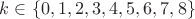 $k\in\{0,1,2,3,4,5,6,7,8\}$