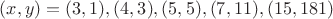 $(x,y)=(3,1),(4,3),(5,5),(7,11),(15,181)$
