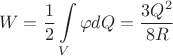 $$W=\dfrac{1}{2}\displaystyle\int\limits_V\varphi dQ=\frac{3Q^2}{8R}$$