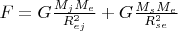 $F=G\frac{M_jM_e}{R_{ej}^2}+G\frac{M_sM_e}{R_{se}^2}$