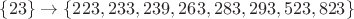 $\{23\}\to\{223, 233, 239, 263, 283, 293, 523, 823\}$ $\{23\}\to\{223, 233, 239, 263, 283, 293, 523, 823\}$