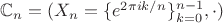 $\mathbb C_n=(X_n=\{e^{2\pi i k/n}\}_{k=0}^{n-1},\cdot)$