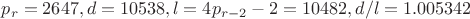 $p_r=2647, d=10538, l=4p_{r-2}-2=10482, d/l=1.005342$