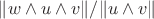 $\lVert w\wedge u\wedge v\rVert / \lVert u\wedge v\rVert$