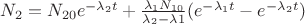 $N_{2}=N_{20}e^{-\lambda_{2}t}+\frac{\lambda_{1}N_{10}}{\lambda_{2}-\lambda{1}}(e^{-\lambda_{1}t}-e^{-\lambda_{2}t})$