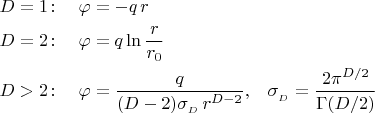 $$\begin{aligned} D&=1\colon&\varphi&=-q\,r \\ D&=2\colon&\varphi&=q\ln\dfrac{r}{r_0} \\ D&>2\colon&\varphi&=\dfrac{q}{(D-2)\sigma_{{}_D}\,r^{D-2}},&\sigma_{{}_D}&=\dfrac{2\pi^{D/2}}{\Gamma(D/2)} \\ \end{aligned}$$