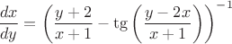 $\dfrac {dx}{dy}=\left( \dfrac{y + 2}{x + 1} - \tg\left( \dfrac{y - 2x}{x + 1} \right) \right)^{-1}$