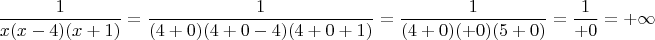 $$\frac{1}{x(x-4)(x+1)}=\frac{1}{(4+0)(4+0-4)(4+0+1)}=\frac{1}{(4+0)(+0)(5+0)}=\frac{1}{+0}=+\infty$