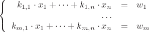 $$\left\{
\begin{array}{rcl}
k_{1,1} \cdot x_1 + \dots + k_{1,n} \cdot x_n &=& w_1 \\
\dots \\
k_{m,1} \cdot x_1 + \dots + k_{m,n} \cdot x_n &=& w_m \\
\end{array}
\right.$$