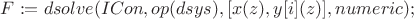 $F := dsolve({ICon, op(dsys)}, [x(z), y[i](z)], numeric);$