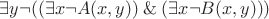 $ \exists y \neg( (\exists x \neg A(x,y) ) \mathbin{\&} (\exists x \neg B(x,y))) $