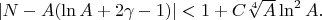 $|N-A(\ln A+2\gamma -1)|<1+C\sqrt[4]{A}\ln^2 A.$