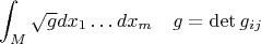 $$\int_M\sqrt{g}dx_1\ldots dx_m\quad g=\det g_{ij}$$