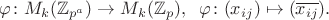 $$
\varphi\colon M_k(\mathbb Z_{p^a})\to M_k(\mathbb Z_{p}),\;\;\varphi\colon (x_{ij})\mapsto (\overline {x_{ij}}).
$$