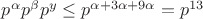 ${ p }^{ \alpha }{ p }^{ \beta }{ p }^{ y }\le { p }^{ \alpha +3\alpha +9\alpha }={ p }^{ 13 }$ ${ p }^{ \alpha }{ p }^{ \beta }{ p }^{ y }\le { p }^{ \alpha +3\alpha +9\alpha }={ p }^{ 13 }$