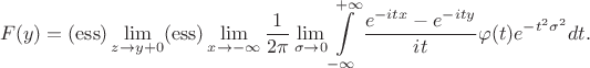 $$
F(y)=(\mathrm{ess})\lim_{z\to y+0}(\mathrm{ess})\lim_{x\to -\infty} \frac{1}{2\pi} \lim_{\sigma \to 0}\int\limits_{-\infty}^{+\infty}\frac{e^{-itx}-e^{-ity}}{it}\varphi(t)e^{-t^2\sigma^2}dt.
$$