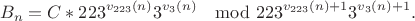 $$B_n=C*223^{v_{223}(n)}3^{v_3(n)}\mod 223^{v_{223}(n)+1}3^{v_3(n)+1}.$$ $$B_n=C*223^{v_{223}(n)}3^{v_3(n)}\mod 223^{v_{223}(n)+1}3^{v_3(n)+1}.$$