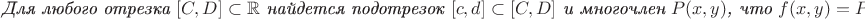 $$\textit{Для любого отрезка $[C,D]\subset\mathbb{R}$ найдется подотрезок $[c,d]\subset[C,D]$ и многочлен $P(x,y)$, что $f(x,y)=P(x,y)$ при $(x,y)\in\mathbb{R}\times[c,d]$.}$$