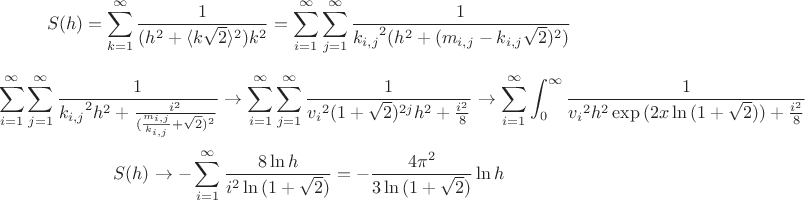 $$
S(h)=\sum_{k=1}^\infty \frac{1}{(h^2+\langle k\sqrt{2}\rangle^2)k^2}=\sum_{i=1}^\infty \sum_{j=1}^\infty \frac {1}{{k_{i,j}}^2  ( h^2 + (m_{i,j} - k_{i,j}\sqrt{2})^2 )}
$$
$$ \sum_{i=1}^\infty \sum_{j=1}^\infty \frac {1}{{k_{i,j}}^2  h^2 + \frac {i^2}{(\frac {m_{i,j}} {k_{i,j}} + \sqrt{2})^2}} \to  \sum_{i=1}^\infty \sum_{j=1}^\infty \frac {1}{{v_i }^2(1+\sqrt {2})^{2 j}  h^2 + \frac {i^2}{8}} \to \sum_{i=1}^\infty \int_{0}^\infty \frac {1}{{v_i }^2 h^2 \exp {(2 x \ln {(1+\sqrt {2})})}   + \frac {i^2}{8}} $$
$$ S(h) \to  - \sum_{i=1}^\infty \frac {8 \ln {h}} {i^2 \ln {(1+\sqrt {2})}} = - \frac {4 \pi ^2}{3 \ln {(1+\sqrt {2})}} \ln {h}$$