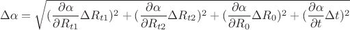 $$\Delta \alpha =\sqrt{(\frac{\partial \alpha }{\partial R_{t1}}\Delta R_{t1})^2+(\frac{\partial \alpha }{\partial R_{t2}}\Delta R_{t2})^2+(\frac{\partial \alpha }{\partial R_{0}}\Delta R_{0})^2+(\frac{\partial \alpha }{\partial t}\Delta t)^2}$