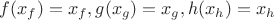 $f(x_f)=x_f, g(x_g)=x_g, h(x_h)=x_h$