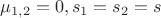 $\mu_{1,2}=0, s_1=s_2=s$