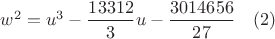 $w^2=u^3-\dfrac{13312}{3}u-\dfrac{3014656}{27}\quad(2)$