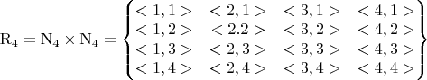 $\mathrm{R}_4=\mathrm{N}_4\times\mathrm{N}_4=\left\{
\begin{matrix}
<1,1>&<2,1>&<3,1>&<4,1>\\
<1,2>&<2.2>&<3,2>&<4,2>\\
<1,3>&<2,3>&<3,3>&<4,3>\\
<1,4>&<2,4>&<3,4>&<4,4>
\end{matrix}
\right\}$