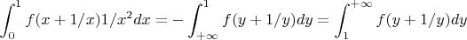 $$\int_0^1 f(x+1/x)1/x^2dx = -\int_{+\infty}^{1} f(y + 1/y)dy =  \int_{1}^{+\infty} f(y + 1/y)dy$$