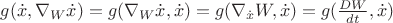 $g(\dot x,\nabla_W{\dot x})=g(\nabla_W{\dot x},\dot x)=g(\nabla_{\dot x}W,\dot x)=g(\frac{DW}{dt},\dot x)$