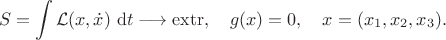 $$
S = \int \mathcal L(x, \dot x) \ \mathrm dt \longrightarrow \operatorname{extr}, \quad g(x) = 0, \quad x = (x_1, x_2, x_3).
$$