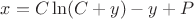 $x = C\ln(C+y) - y + P$