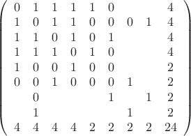 $\left(\begin{array}{ccccccccc}
0&1&1&1&1&0&&&4\\
1&0&1&1&0&0&0&1&4\\
1&1&0&1&0&1&&&4\\
1&1&1&0&1&0&&&4\\
1&0&0&1&0&0&&&2\\
0&0&1&0&0&0&1&&2\\
&0&&&&1&&1&2\\
&1&&&&&1&&2\\
4&4&4&4&2&2&2&2&24
\end{array}\right)$