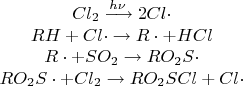 $$\begin{matrix}
Cl_2 \xrightarrow{h \nu} 2Cl \cdot\\
RH + Cl\cdot \rightarrow R \cdot + HCl\\
R \cdot + SO_2 \rightarrow RO_2S\cdot\\
RO_2S \cdot + Cl_2 \rightarrow RO_2SCl + Cl \cdot
\end{matrix}$$
