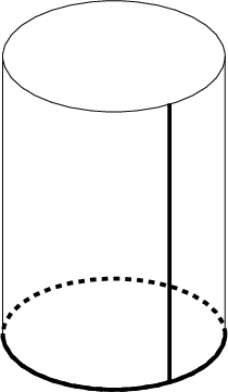 \begin{tikzpicture}
\draw[line width=2,dashed] (0,0) ellipse (2 and 1);
\begin{scope}
\clip (-2.1,0)--(2.1,0)--(2.1,-1.1)--(-2.1,-1.1)--cycle;
\draw[line width=2] (0,0) ellipse (2 and 1);
\end{scope}
\draw (0,5) ellipse (2 and 1);
\draw[line width=2] (1,-0.85)--(1,4.15);
\draw (2,0)--(2,5);
\draw (-2,0)--(-2,5);
\end{tikzpicture}
