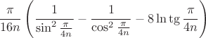 $$\frac{\pi}{16n}\left(\frac{1}{\sin^2\frac{\pi}{4n}}-\frac{1}{\cos^2\frac{\pi}{4n}}-8\ln\tg\frac{\pi}{4n}\right)$$