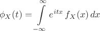 $$\phi_X(t) = \int\limits_{-\infty}^{\infty} e^{itx}\, f_X(x)\, dx$$