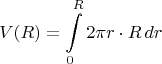 $$V(R)=\int\limits_0^R 2\pi r\cdot R \,dr$