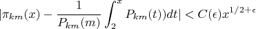 $$|\pi_{km}(x)-\frac{1}{P_{km}(m)} \int_2^x P_{km}(t))dt|<C(\epsilon)x^{1/2 +\epsilon}$$