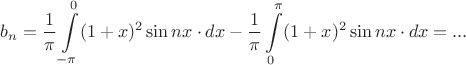 $$b_n=\dfrac{1}{\pi}\int\limits_{-\pi}^{0}(1+x)^2\sin nx\cdot dx-\dfrac{1}{\pi}\int\limits_{0}^{\pi}(1+x)^2\sin nx\cdot dx=...$