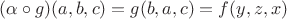 $(\alpha\circ g)(a,b,c)=g(b,a,c)=f(y,z,x)$