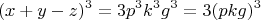 $$(x+y-z)^3=3p^3k^3g^3=3(pkg)^3$$