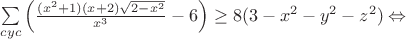 $\sum\limits_{cyc}\left(\frac{(x^2+1)(x+2)\sqrt{2-x^2}}{x^3}-6\right)\geq8(3-x^2-y^2-z^2)\Leftrightarrow$