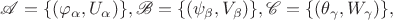 $\mathscr{A} =\{(\varphi_{\alpha}, U_{\alpha})\}, \mathscr{B}=\{(\psi_{\beta}, V_{\beta})\}, \mathscr{C}=\{(\theta_{\gamma}, W_{\gamma})\},$